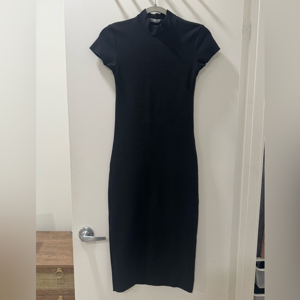 ZARA Black Sheath Dress with Cap Sleeves and Mock Neck